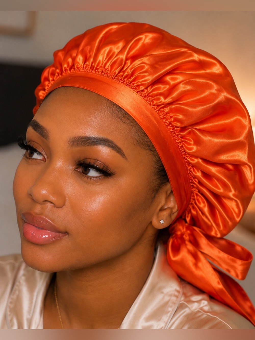 Vibrant Orange Satin Bonnet with straps